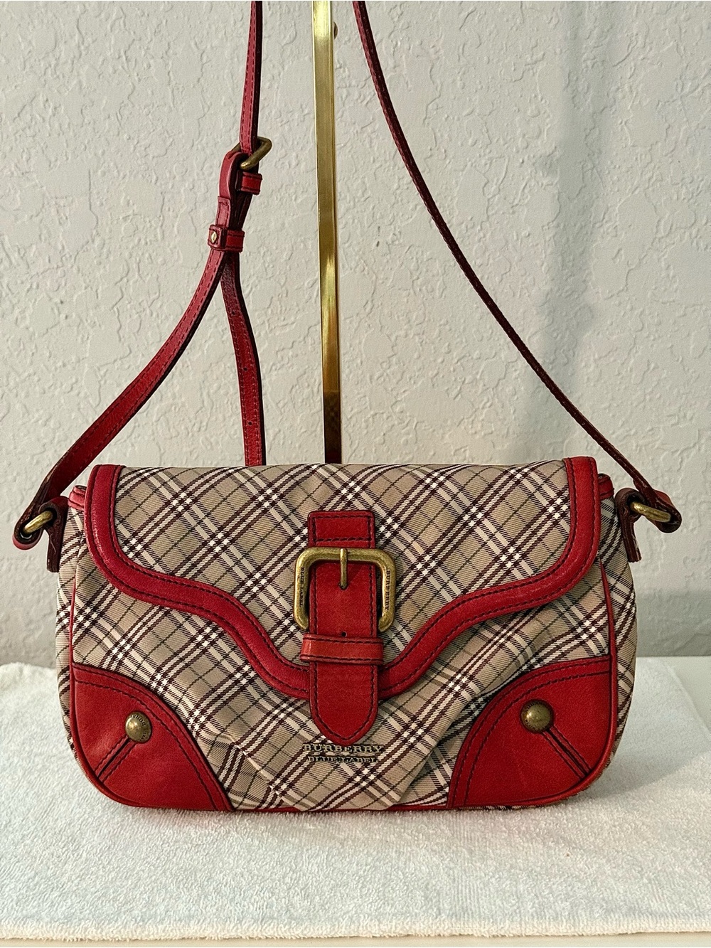 Vintage Burberry Blue Label Nova Check Shoulder Bag w/Vibrant Red Leather